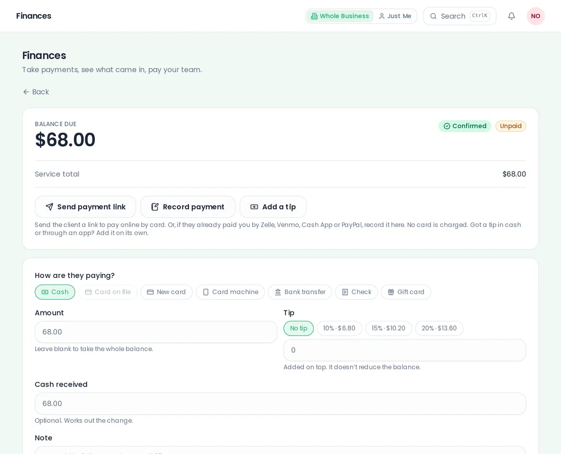 Checking out a visit: the balance due, ways to pay (cash, card on file, new card, card machine, gift card and more), and tip buttons.