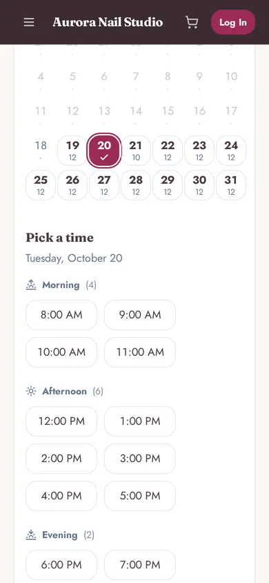 Picking a time on a phone: a month calendar showing how many times are open each day, and the times for the chosen day split into morning, afternoon and evening.