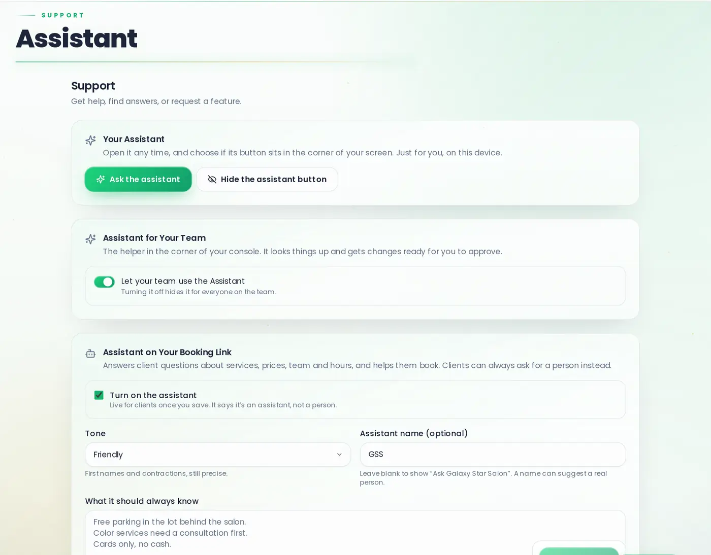 Setting up the Assistant: one for you, one for your team, and one on your booking page with a tone and a name.
