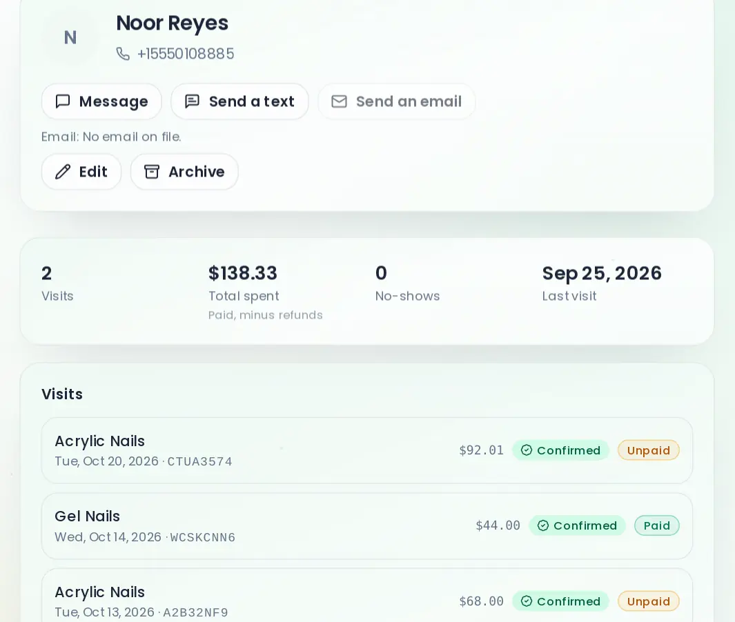 A client’s page: message, text or email buttons, two visits, total spent and the date of the last visit.