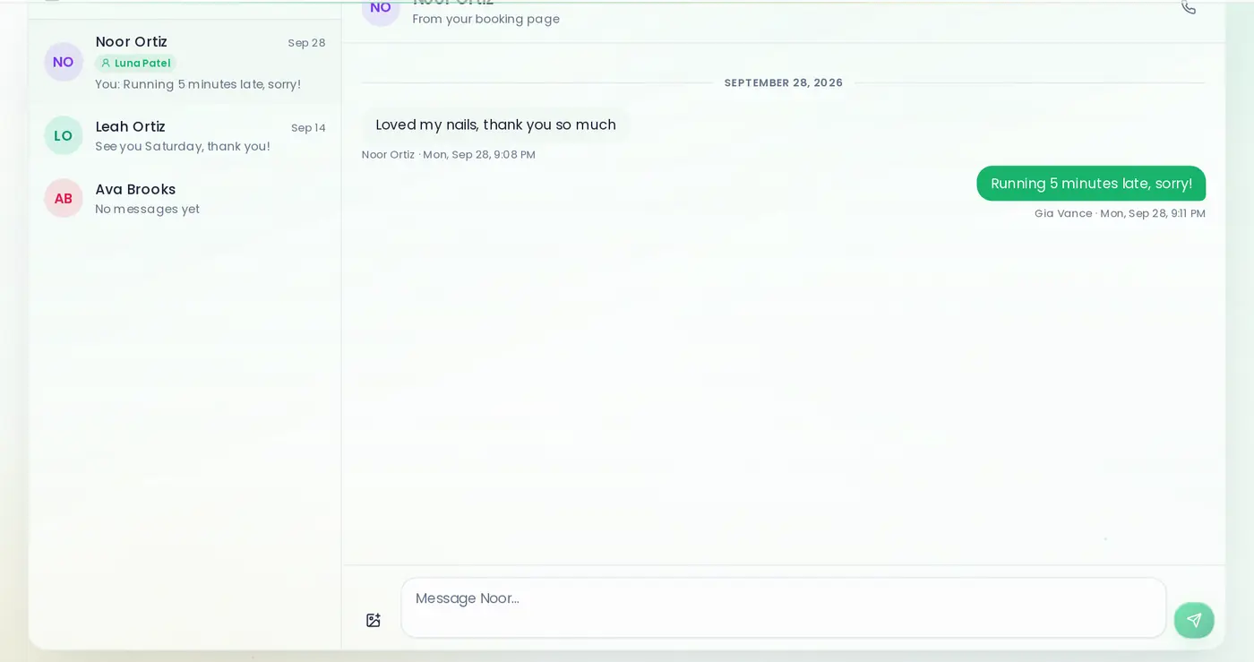 The inbox, with client conversations on the left and a message thread on the right.