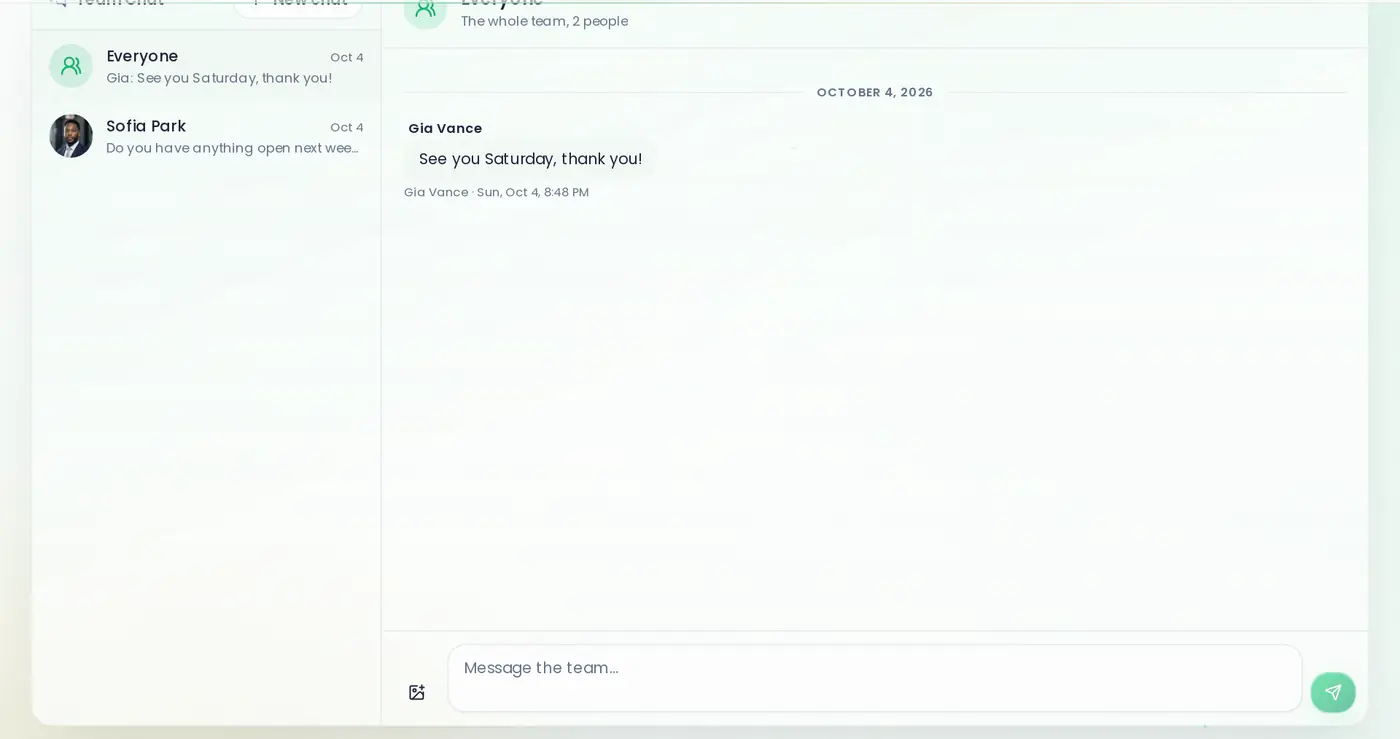 Team chat, with an Everyone thread and a message to a team member.